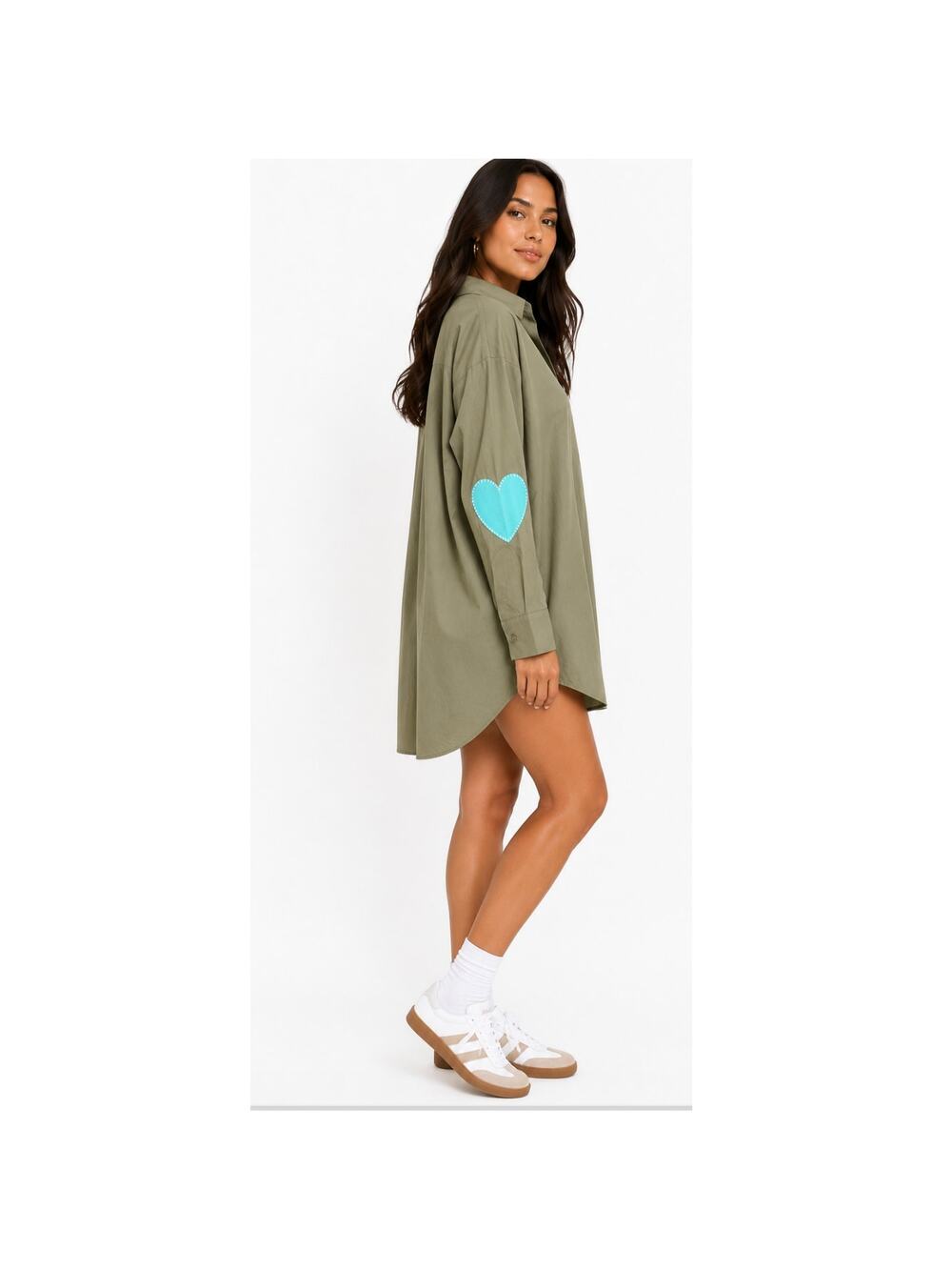 Caryn Lawn Olive Mini Shirt Dress Heart Elbow Patch Oversized Minimalist OSFM